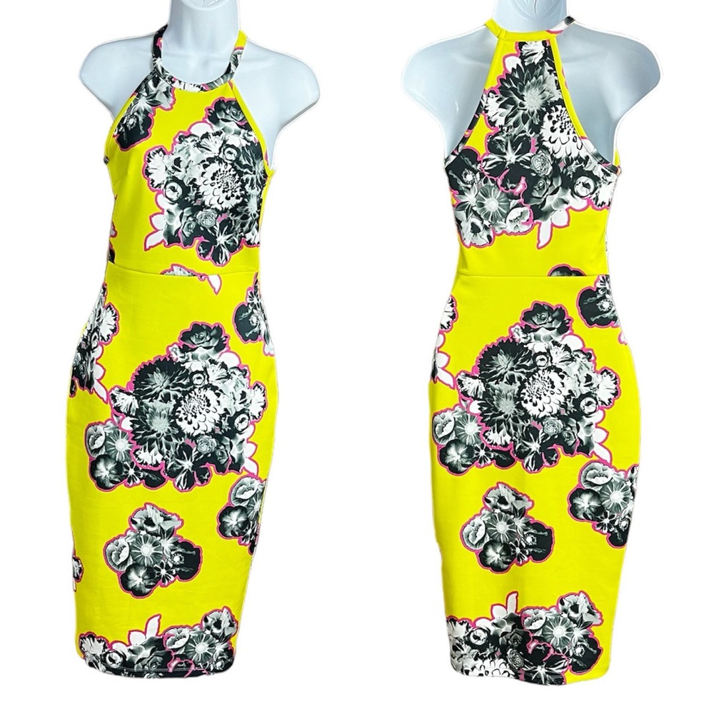 ASOS Outline Floral Scuba Midi Bodycon Dress Yellow Black Floral Print Size 2